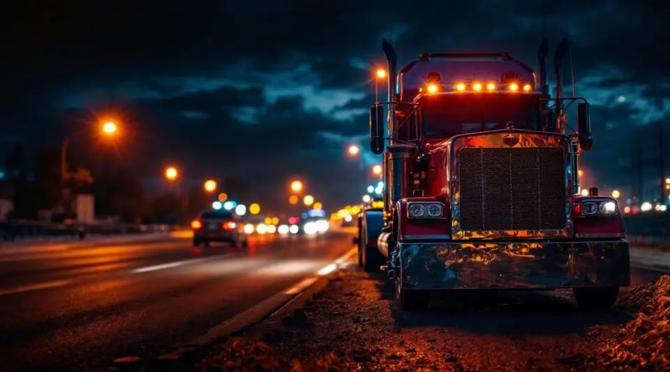 A professional Green Light Towing flatbed truck arriving at a roadside breakdown in Lynn during a rainy evening.