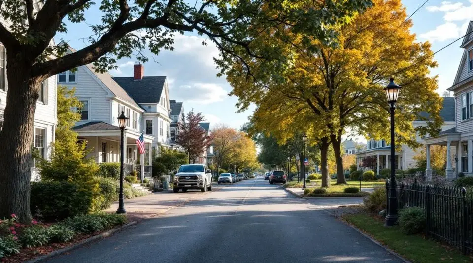 A professional flatbed tow truck navigating a narrow, triple-decker lined residential street in Somerville, MA.