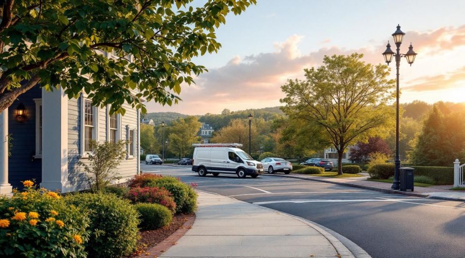 A professional flatbed tow truck positioned securely along the shoulder of Route 9 in Newton, MA, with local commercial buildings and mature trees visible under a clear New England sky.