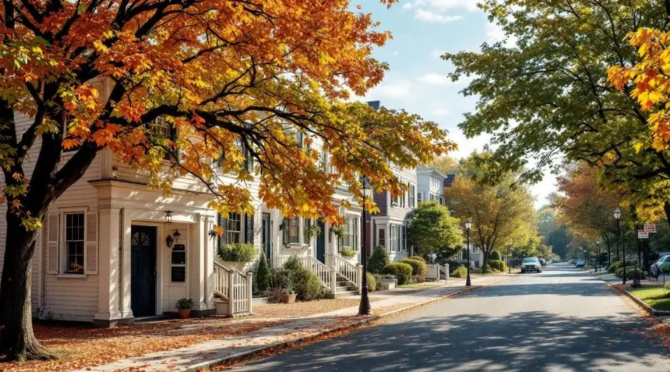A professional flatbed tow truck navigating the narrow, tree-lined residential streets of Brookline, MA during a crisp autumn afternoon.